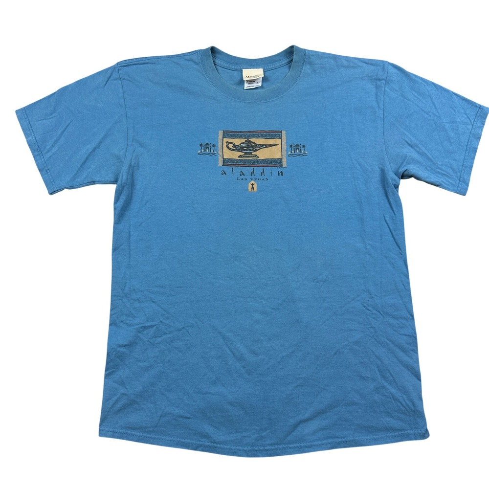 Vintage Aladdin Hotel Casino Las Vegas Magic Lamp Graphic T Shirt Blue Large